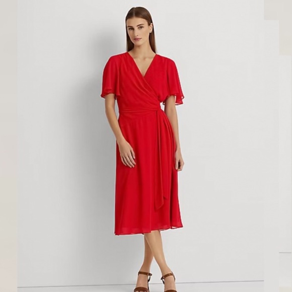 Lauren Ralph Lauren Red Georgette Flutter‎ Sleeve Faux Wrap Midi Dress 6 FLAWED